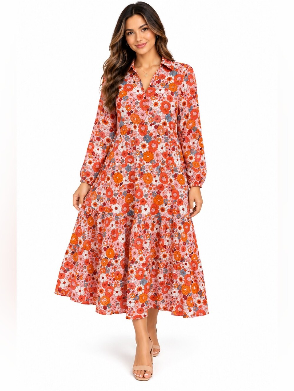 Floral Button-Front Midi Dress Orange Pink Blue Long Sleeve Boho
